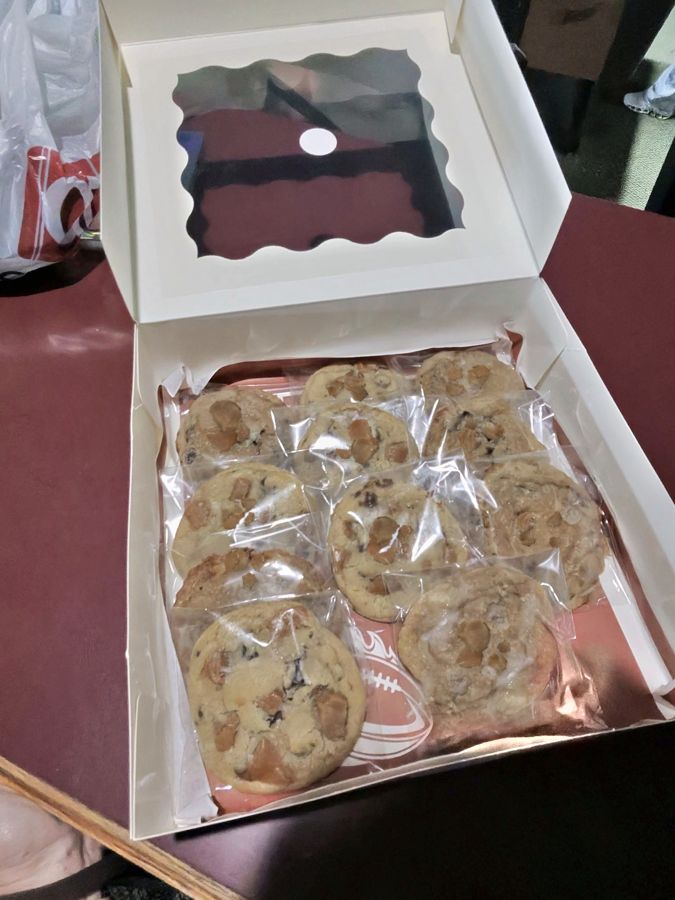 A box of Patience's Heath toffee chocolate chip cookies